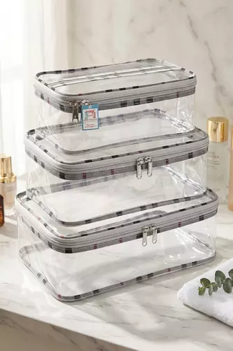 Makeup storage box traveling vanity cosmetic toiletry bag jewellery case wardrobe organizer pouches check print set 3