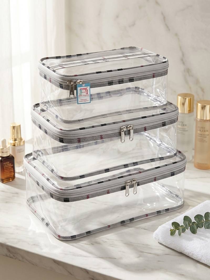 Makeup storage box traveling vanity cosmetic toiletry bag jewellery case wardrobe organizer pouches check print set 3