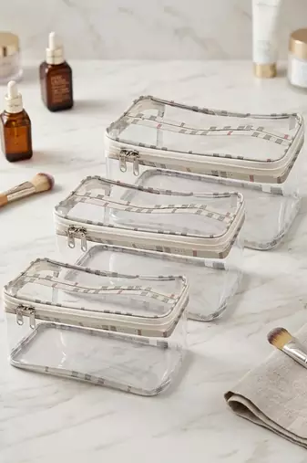 Makeup storage box traveling vanity cosmetic toiletry bag jewellery case wardrobe organizer pouches check print set 3