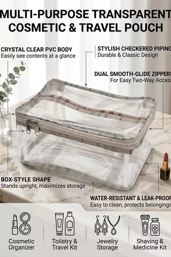 Makeup storage box traveling vanity cosmetic toiletry bag jewellery case wardrobe organizer pouches check print set 3