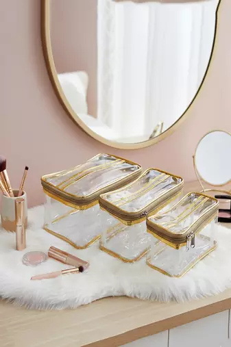 Makeup storage box traveling vanity cosmetic toiletry bag jewellery case wardrobe organizer pouches set of 3 gold