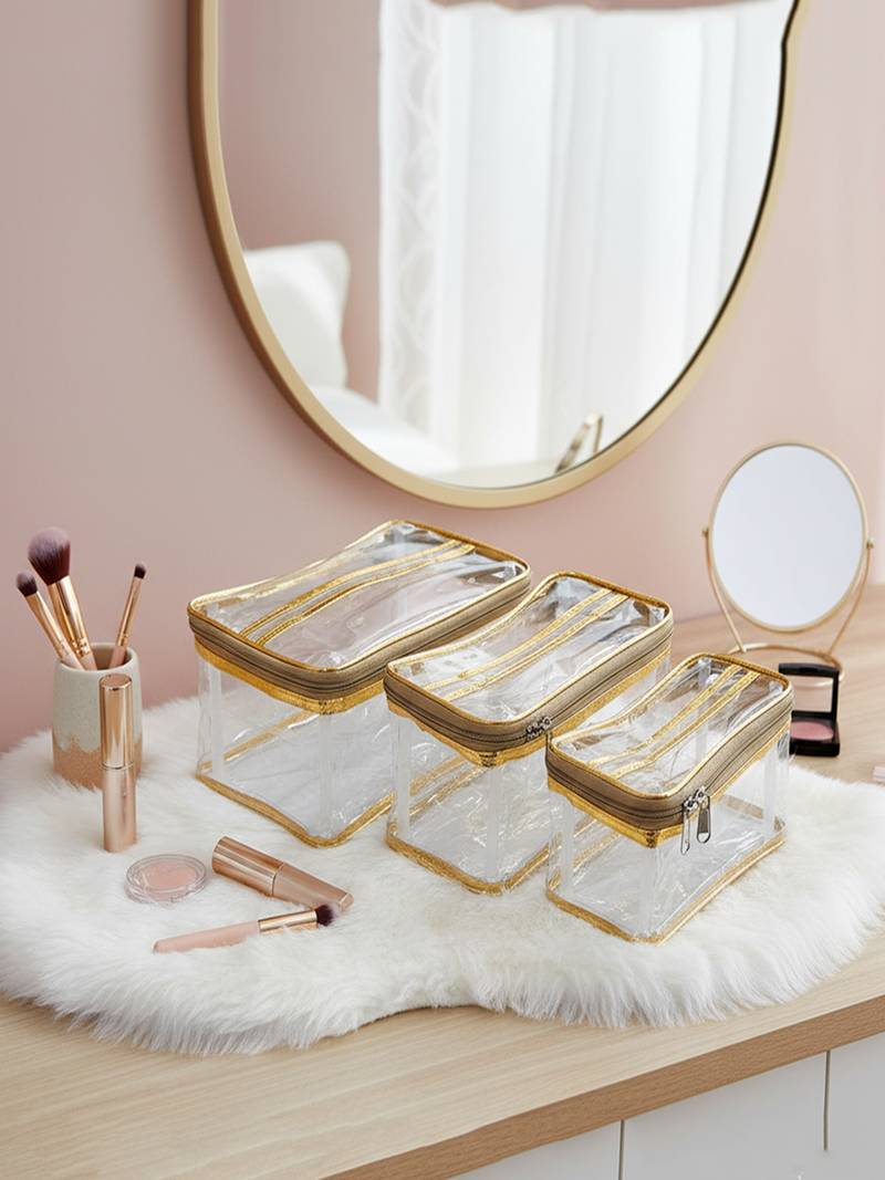 Makeup storage box traveling vanity cosmetic toiletry bag jewellery case wardrobe organizer pouches set of 3 gold