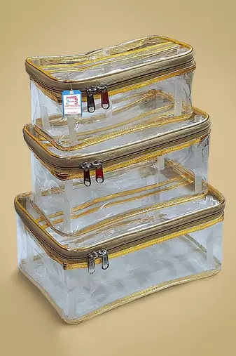 Makeup storage box traveling vanity cosmetic toiletry bag jewellery case wardrobe organizer pouches set of 3 gold