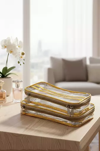 Makeup storage box traveling vanity cosmetic toiletry bag jewellery case wardrobe organizer pouches set of 3 gold