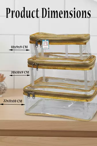 Makeup storage box traveling vanity cosmetic toiletry bag jewellery case wardrobe organizer pouches set of 3 gold