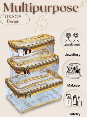 Makeup storage box traveling vanity cosmetic toiletry bag jewellery case wardrobe organizer pouches set of 3 gold 5