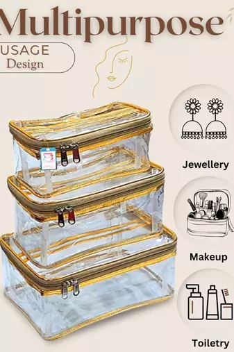Makeup storage box traveling vanity cosmetic toiletry bag jewellery case wardrobe organizer pouches set of 3 gold