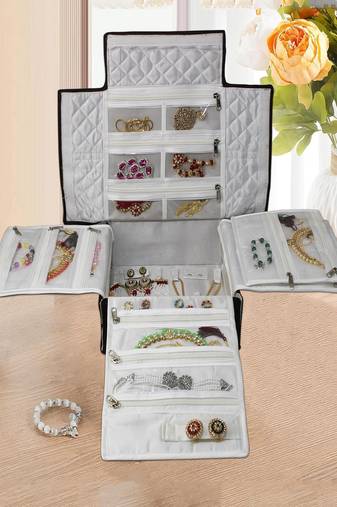 Makeup storage box travelling vanity cosmetic toiletry bag necklace wardrobe organizer jewellery pouch for women brown