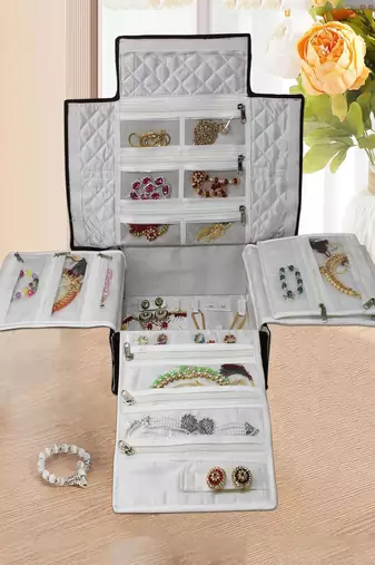 Makeup storage box travelling vanity cosmetic toiletry bag necklace wardrobe organizer jewellery pouch for women brown