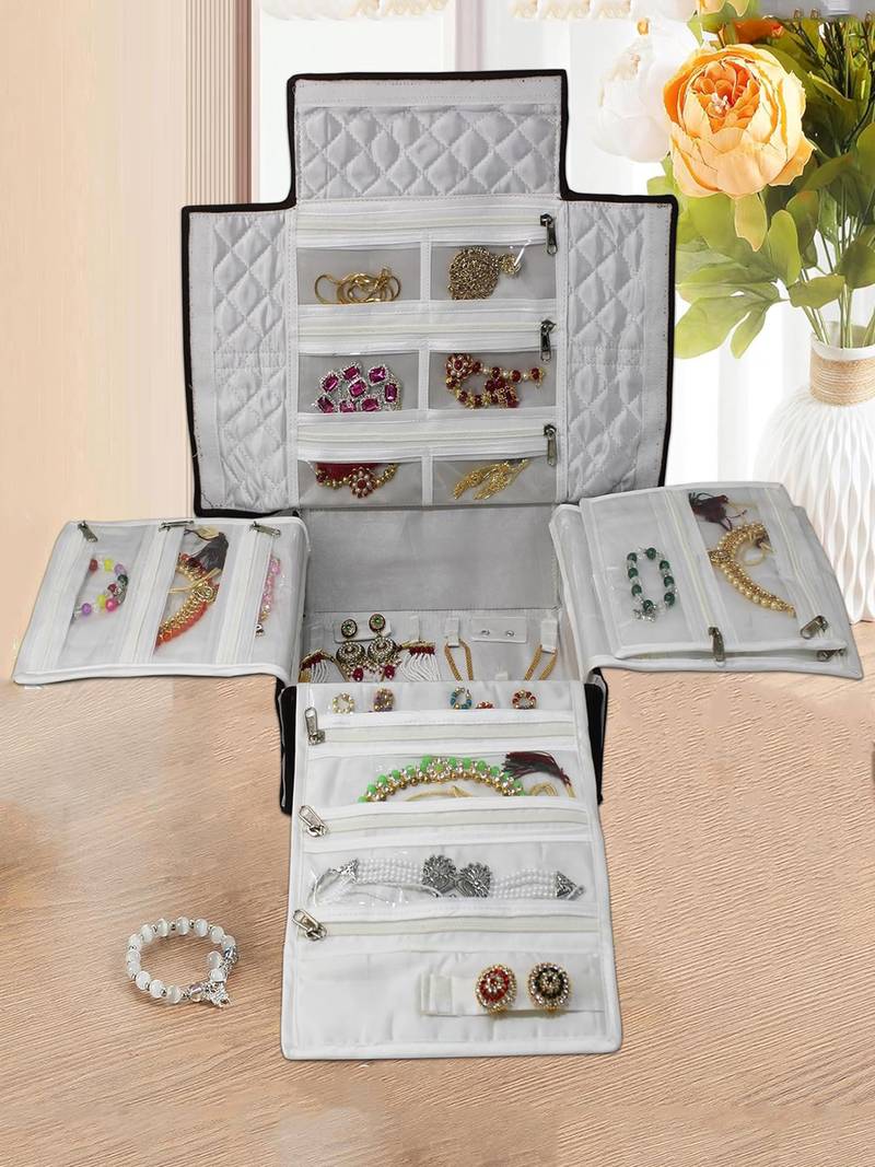 Makeup storage box travelling vanity cosmetic toiletry bag necklace wardrobe organizer jewellery pouch for women brown