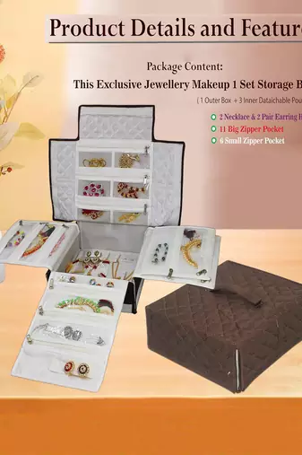 Makeup storage box travelling vanity cosmetic toiletry bag necklace wardrobe organizer jewellery pouch for women brown