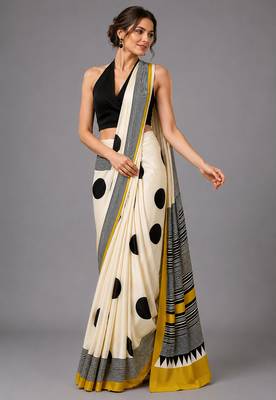 Beige printed satin saree with blouse 2