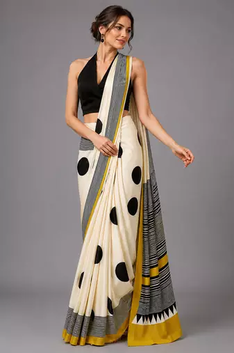 Beige printed satin saree with blouse