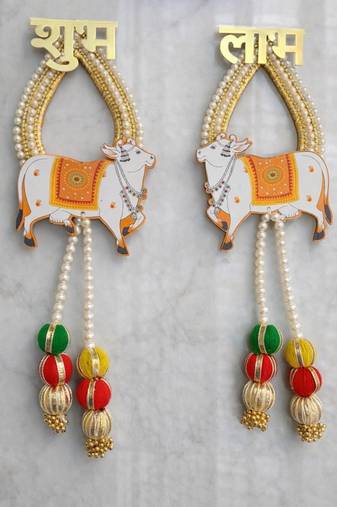 shubh labh cow door hanging decorative mdf wall hanging decor (pack of 2)