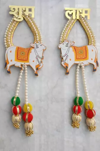 shubh labh cow door hanging decorative mdf wall hanging decor (pack of 2)