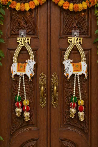 shubh labh cow door hanging decorative mdf wall hanging decor (pack of 2)