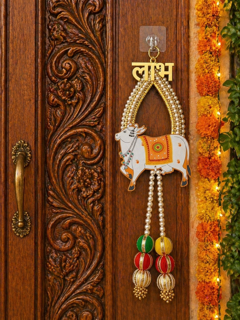 shubh labh cow door hanging decorative mdf wall hanging decor (pack of 2)