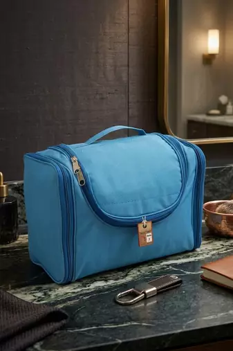 Makeup storage box travelling vanity cosmetic toiletry bag necklace wardrobe organizer jewellery pouch for women blue