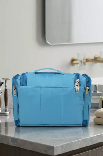 Makeup storage box travelling vanity cosmetic toiletry bag necklace wardrobe organizer jewellery pouch for women blue