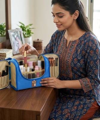 Makeup storage box travelling vanity cosmetic toiletry bag necklace wardrobe organizer jewellery pouch for women blue 4