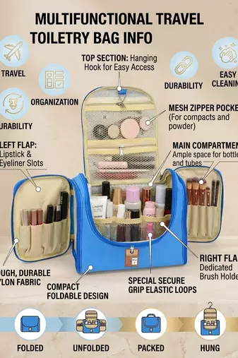 Makeup storage box travelling vanity cosmetic toiletry bag necklace wardrobe organizer jewellery pouch for women blue