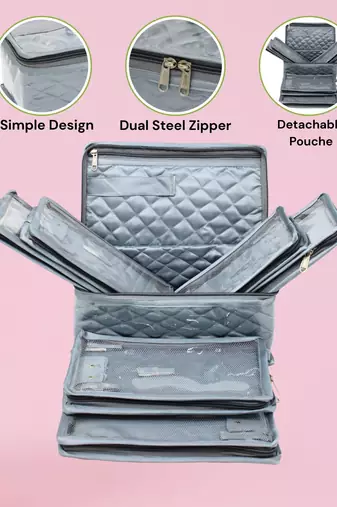 Makeup jewellery organizer locker box necklaces earring ring chains case cosmetic travel storage bag with 7 pouch (grey)