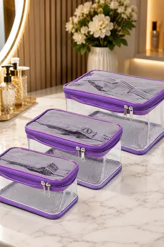 Makeup storage travelling vanity cosmetic toiletry bag necklace wardrobe organizer jewellery pouch for women set 3purple