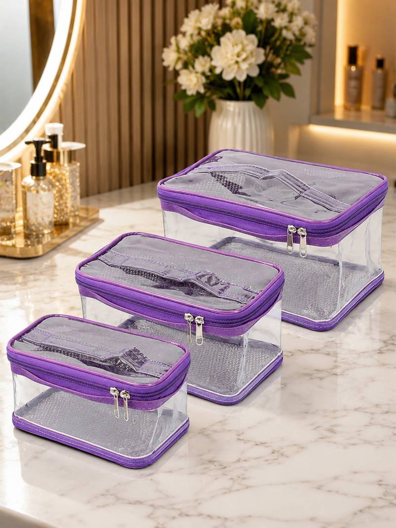 Makeup storage travelling vanity cosmetic toiletry bag necklace wardrobe organizer jewellery pouch for women set 3purple