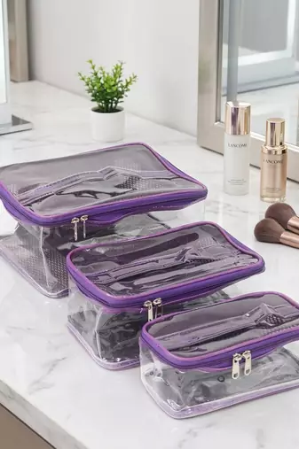 Makeup storage travelling vanity cosmetic toiletry bag necklace wardrobe organizer jewellery pouch for women set 3purple