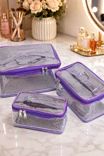 Makeup storage travelling vanity cosmetic toiletry bag necklace wardrobe organizer jewellery pouch for women set 3purple