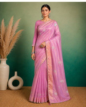 Pink Embroidery Floral Moti Beats Work And Gold Span (Organza) Fabric Saree With Unstitched Blouse  1