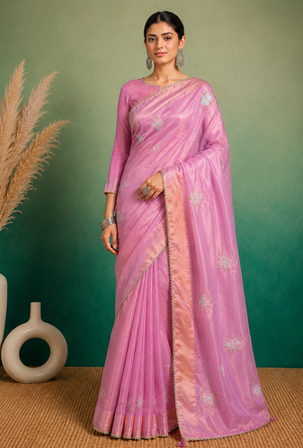 Pink Embroidery Floral Moti Beats Work And Gold Span (Organza) Fabric Saree With Unstitched Blouse 