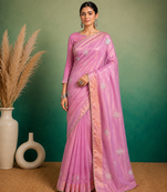 Pink Embroidery Floral Moti Beats Work And Gold Span (Organza) Fabric Saree With Unstitched Blouse 