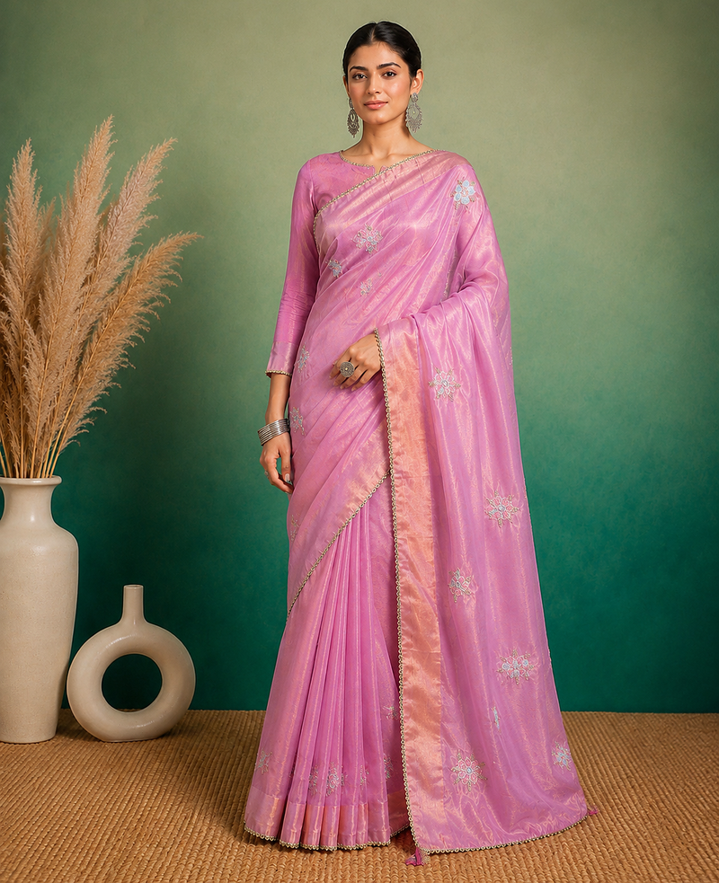 Pink Embroidery Floral Moti Beats Work And Gold Span (Organza) Fabric Saree With Unstitched Blouse 