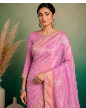 Pink Embroidery Floral Moti Beats Work And Gold Span (Organza) Fabric Saree With Unstitched Blouse  2