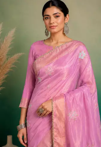 Pink Embroidery Floral Moti Beats Work And Gold Span (Organza) Fabric Saree With Unstitched Blouse 