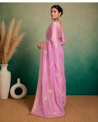 Pink Embroidery Floral Moti Beats Work And Gold Span (Organza) Fabric Saree With Unstitched Blouse  3