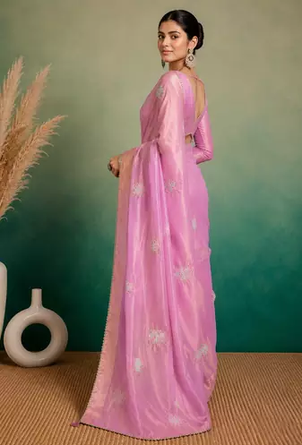 Pink Embroidery Floral Moti Beats Work And Gold Span (Organza) Fabric Saree With Unstitched Blouse 