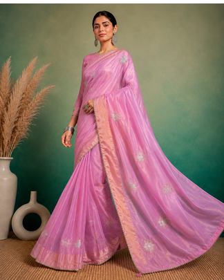 Pink Embroidery Floral Moti Beats Work And Gold Span (Organza) Fabric Saree With Unstitched Blouse  4