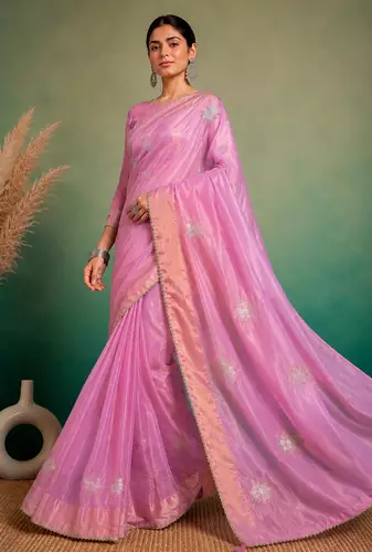Pink Embroidery Floral Moti Beats Work And Gold Span (Organza) Fabric Saree With Unstitched Blouse 