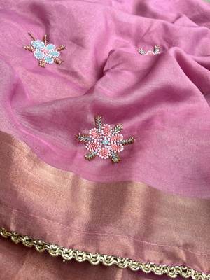 Pink Embroidery Floral Moti Beats Work And Gold Span (Organza) Fabric Saree With Unstitched Blouse  5