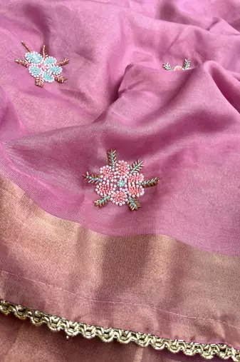 Pink Embroidery Floral Moti Beats Work And Gold Span (Organza) Fabric Saree With Unstitched Blouse 