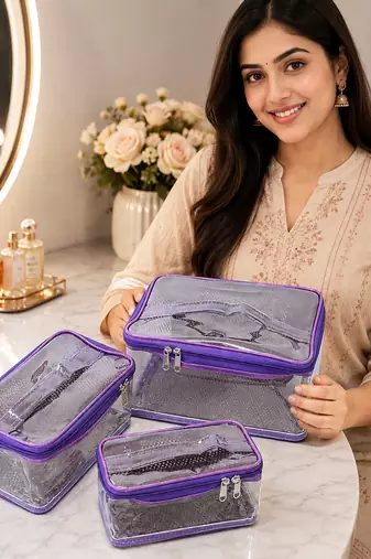 Makeup storage travelling vanity cosmetic toiletry bag necklace wardrobe organizer jewellery pouch for women set 3purple
