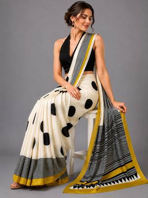 Beige printed satin saree with blouse 3