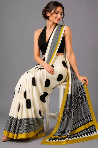 Beige printed satin saree with blouse