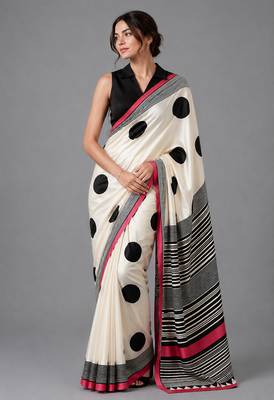 Beige printed satin saree with blouse 1