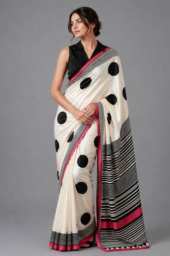 Beige printed satin saree with blouse