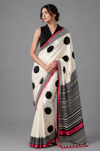 Beige printed satin saree with blouse