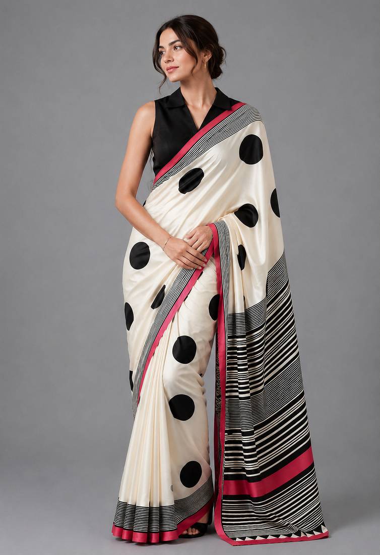 Beige printed satin saree with blouse