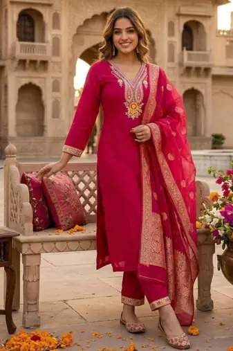 Rani-pink silk blend embroidered kurta set